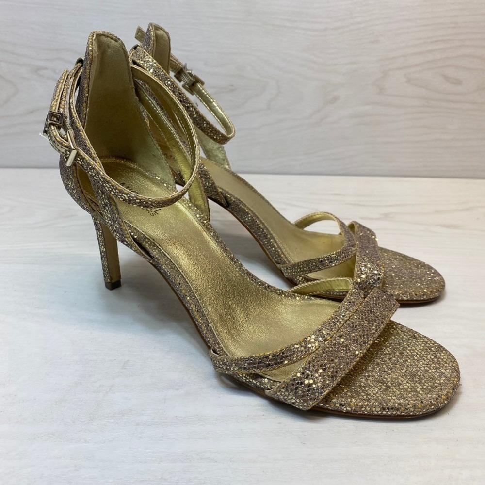 Michael Kors Womens 7M Sandal Heel Glitter Gold Wedding Evening‎ Ankle Strap